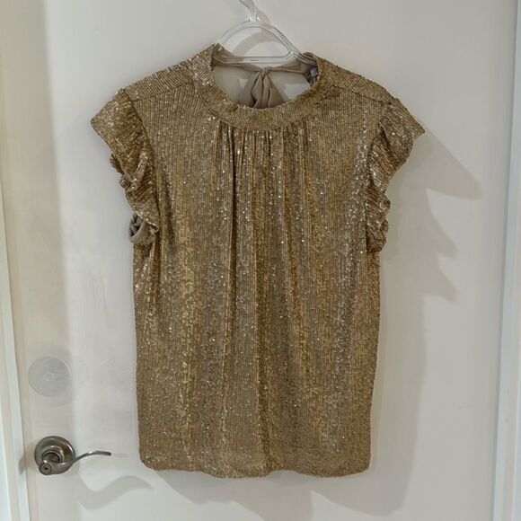 DR2 Champagne Gold matte sequin ruffle cap sleeve top  party holiday top S NWT - Picture 4 of 14